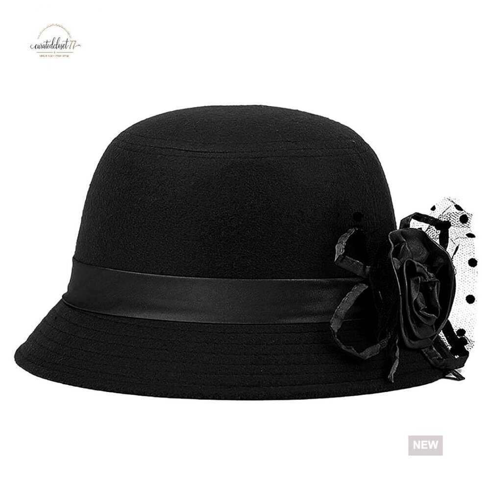 Vintage Felt Cloche Hat Winter Floral Fedora Bucket Hat 58cm